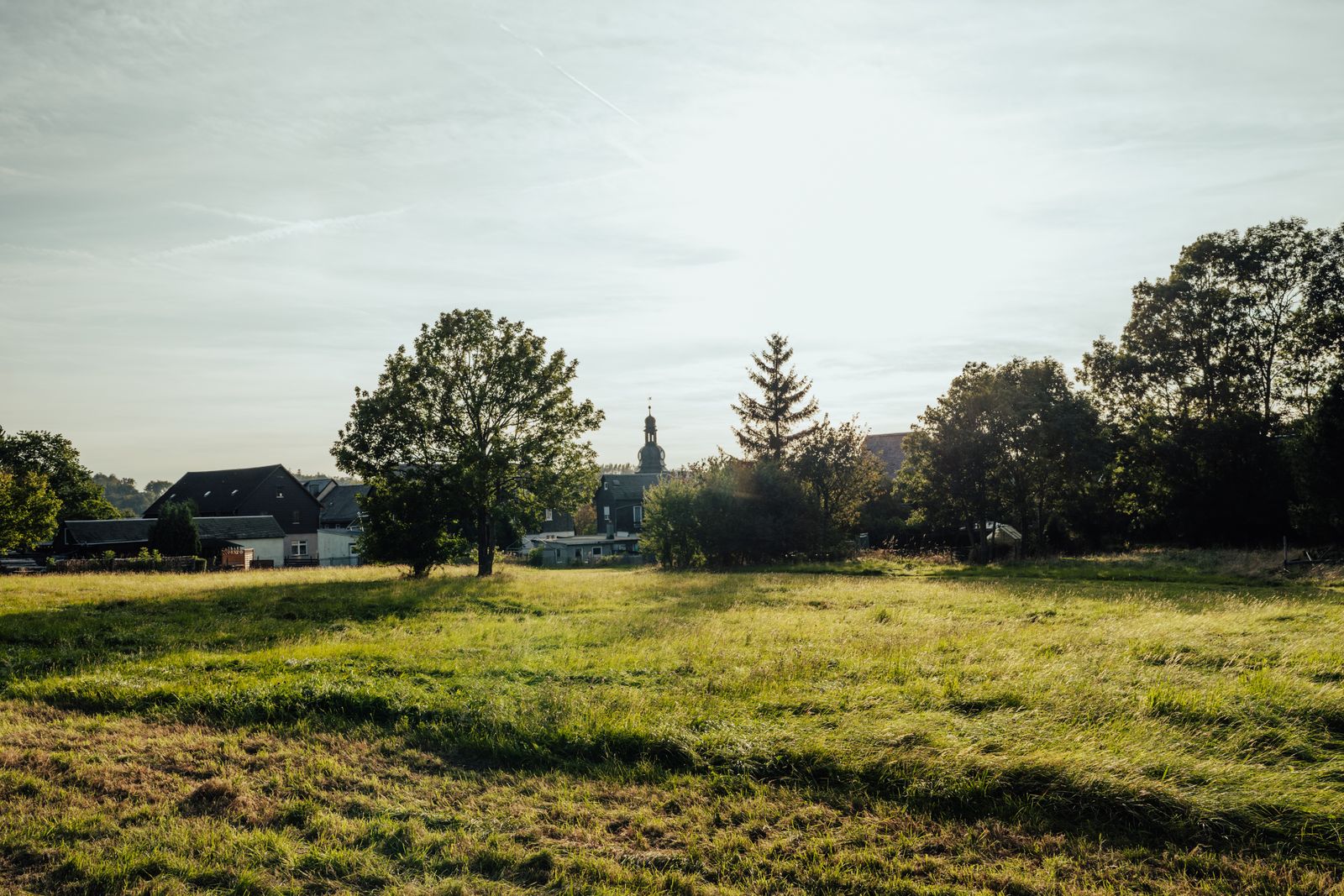Wiejski krajobraz z łąką i zabudowaniami w świetle słońca